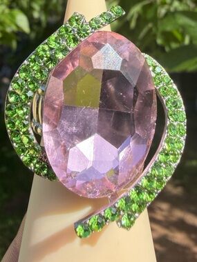 Pink Rhinestone Crystal Statement Ring with Green Accent Stones